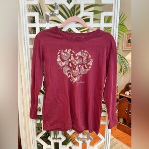 “My flock” Chicken Wine red Long Sleeve Tee with Heart Graphic, 60% cotton